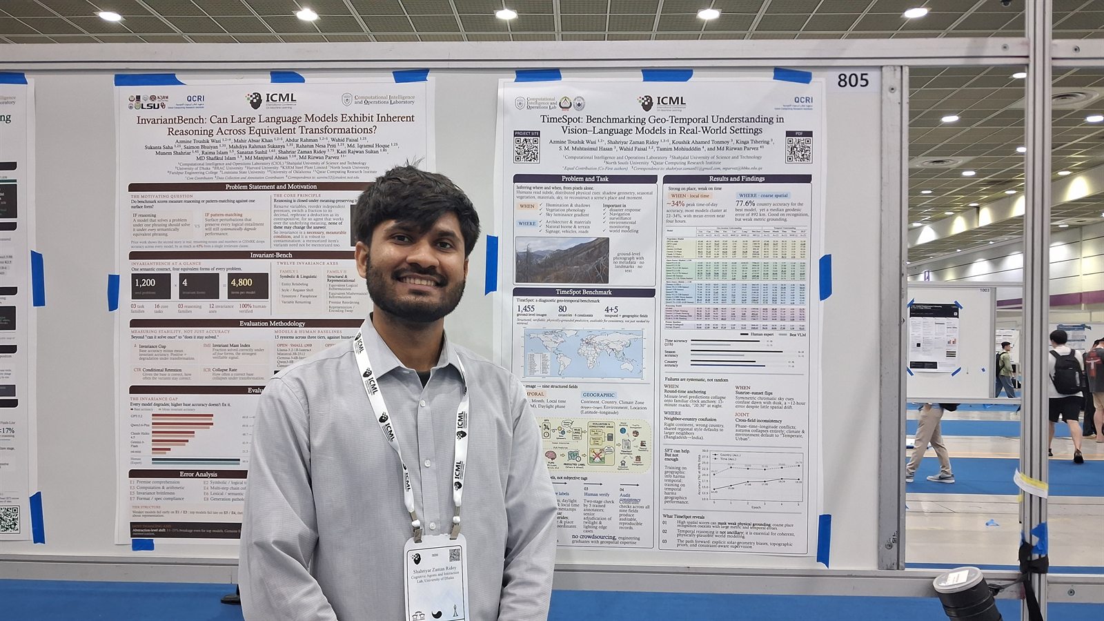 Shahriyar Zaman Ridoy standing between the InvariantBench and TimeSpot posters at ICML 2026