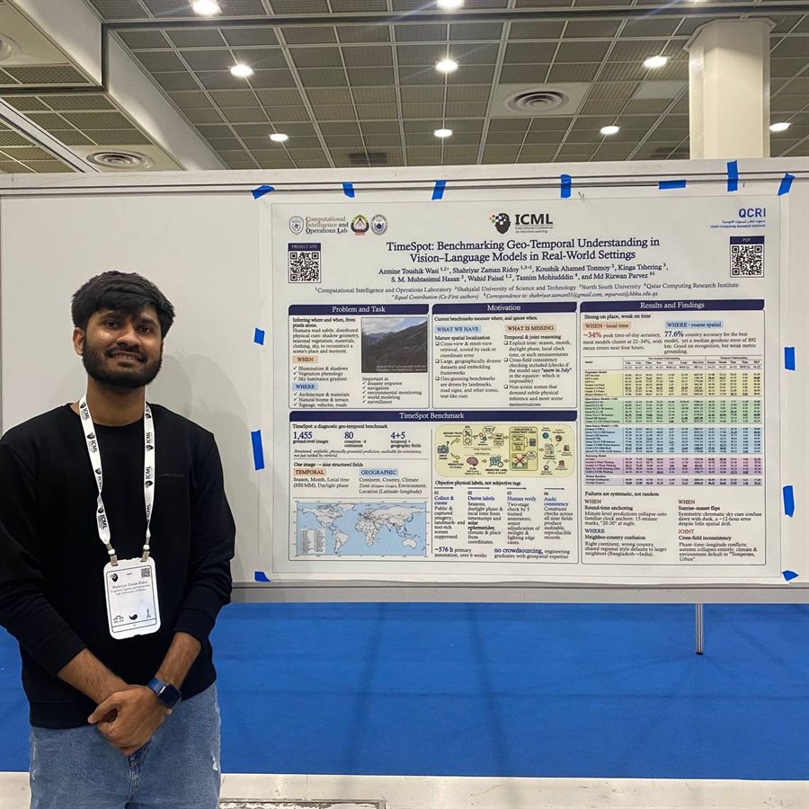Shahriyar Zaman Ridoy presenting the TimeSpot poster at ICML 2026